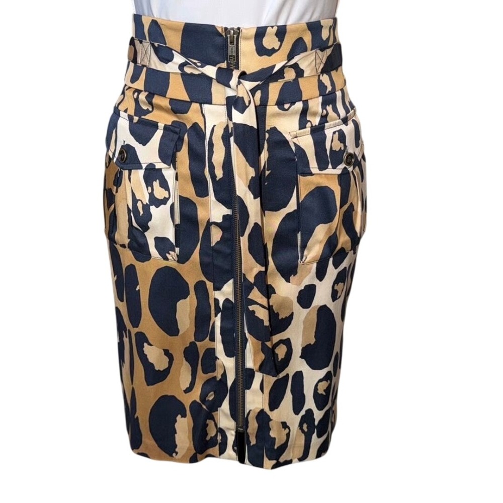 Diane von Furstenberg DVF Silk Leopard Print Cargo‎ Pencil Skirt Navy Tan Size 6
